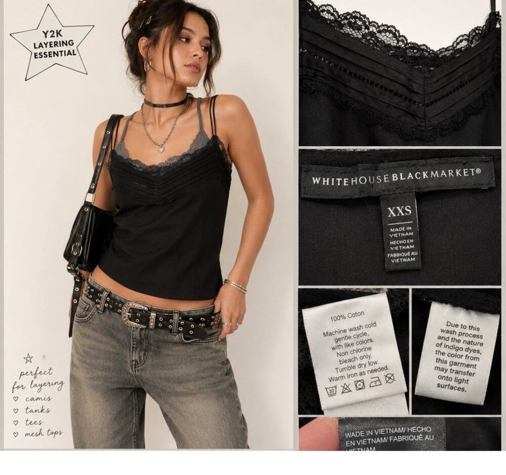 Y2K Indie Layering White House Black Market Lace Trim Cami Tank Size XXS Black